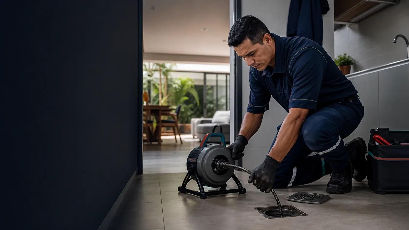 Técnico profissional realizando desentupimento com máquina elétrica