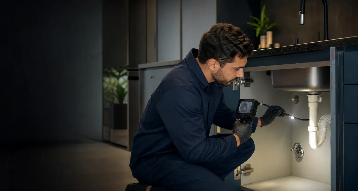 Técnico avaliando a tubulação antes do orçamento