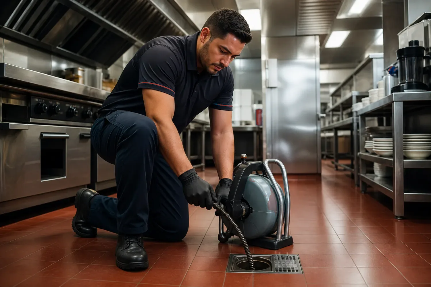 Técnico realizando desentupimento em cozinha comercial